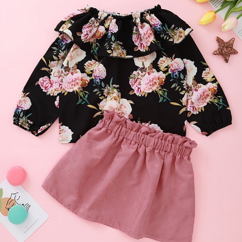 Flickor Rose Print Off Shoulder Top + Solid Kjol Set Barnkläder Outfits