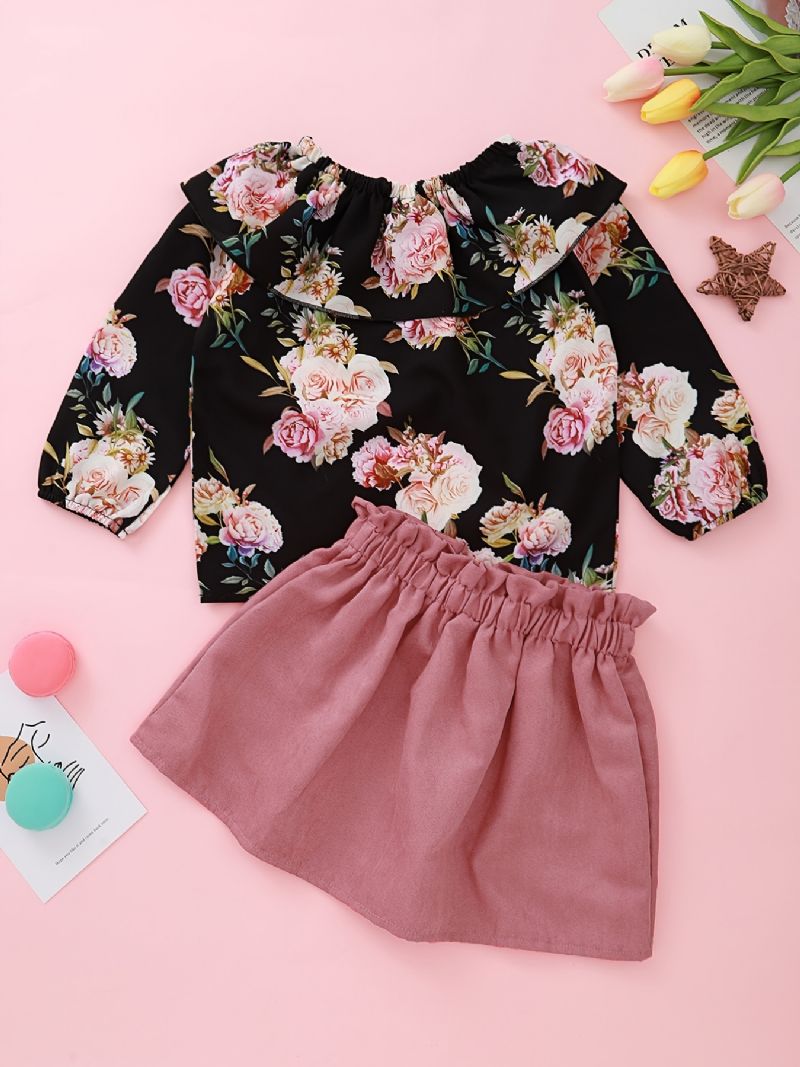 Flickor Rose Print Off Shoulder Top + Solid Kjol Set Barnkläder Outfits