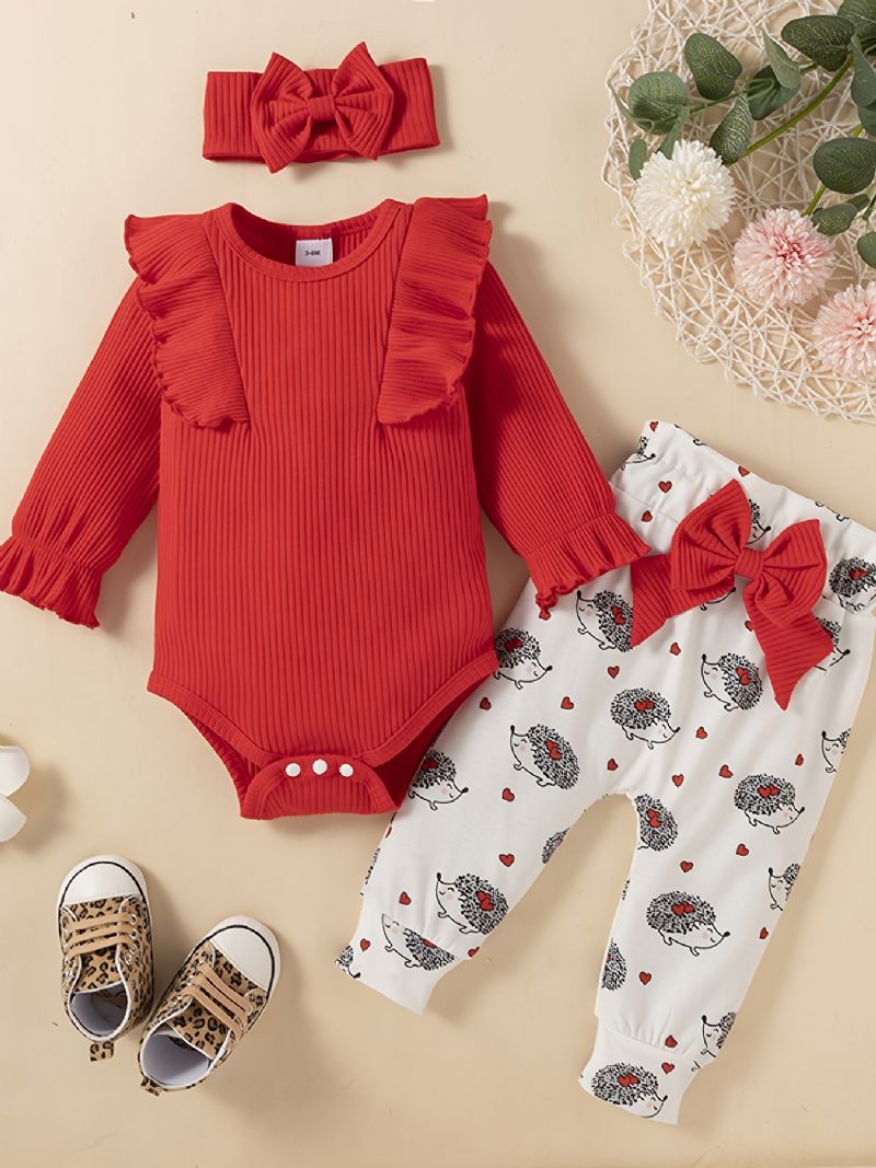 Flickor Ruffle Långärmad Romper + Print Byx Set Bebiskläder Bodysuit