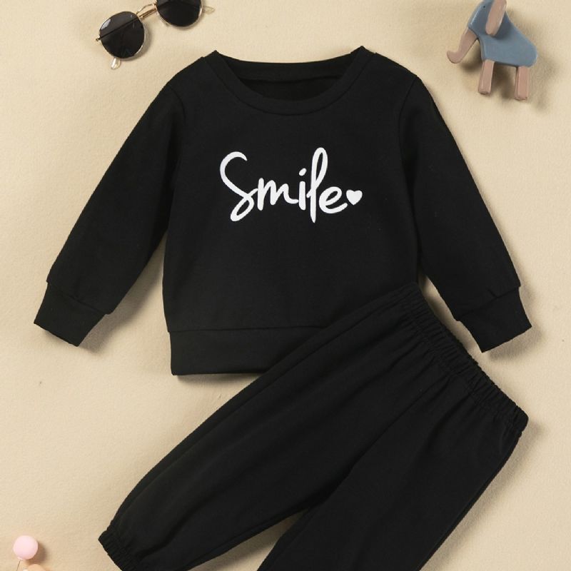 Flickor Smile Letter Print Rund Neck Solid Lounge Pants Set