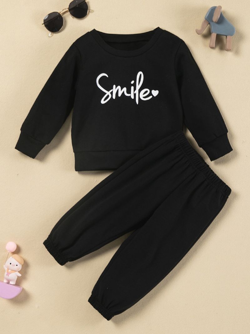 Flickor Smile Letter Print Rund Neck Solid Lounge Pants Set