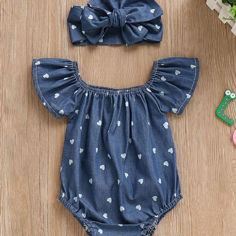 Flickor Söt Casual Heart Print Romper & Bow Pannband Set