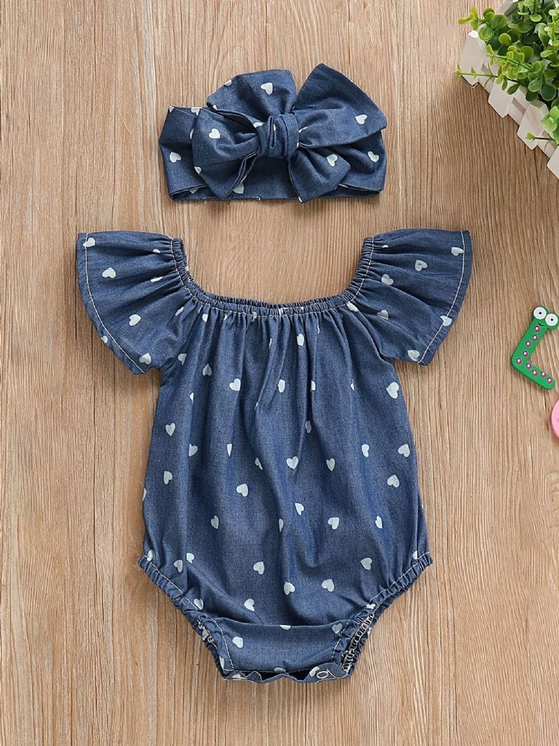 Flickor Söt Casual Heart Print Romper & Bow Pannband Set