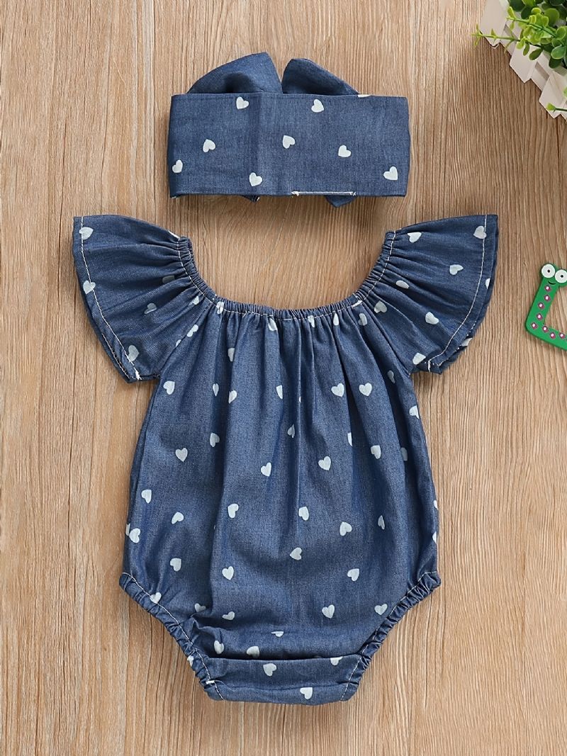 Flickor Söt Casual Heart Print Romper & Bow Pannband Set