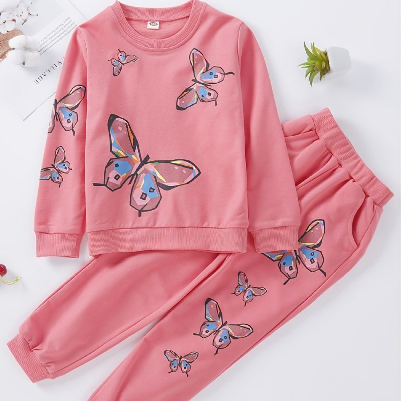 Höst Vinter Flickor Butterfly Printed Crew Neck Sport Casual Långärmade Byxor Set