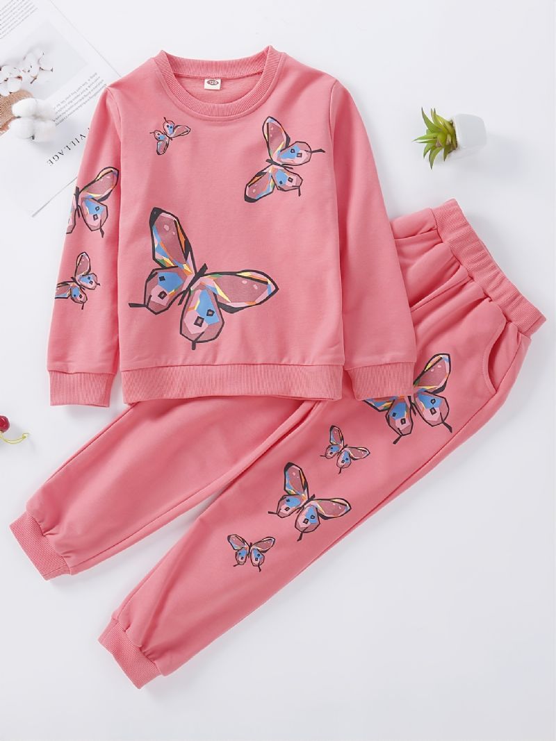 Höst Vinter Flickor Butterfly Printed Crew Neck Sport Casual Långärmade Byxor Set