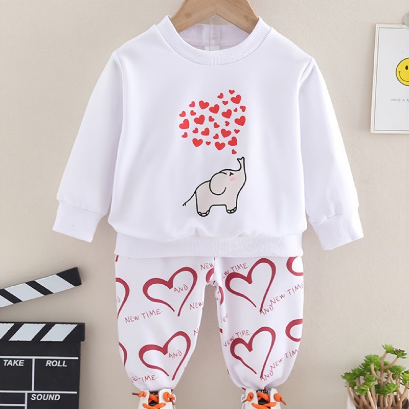 Höst & Vinter Flickor Elephant Heart Print Rund Hals Sweatshirt Byxor Set