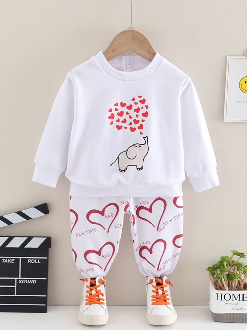 Höst & Vinter Flickor Elephant Heart Print Rund Hals Sweatshirt Byxor Set