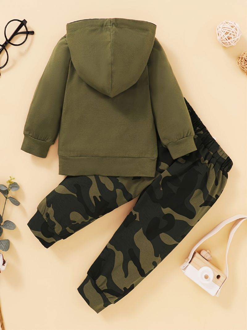 Höst Vinter Ny Pojke Casual Camouflage Hood Print Tvådelad Set