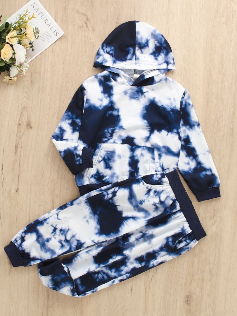 Höst Vinter Pojkar Tie Dye Tryckt Pocket Hooded Långärmad Sweatshirt Byxa Set