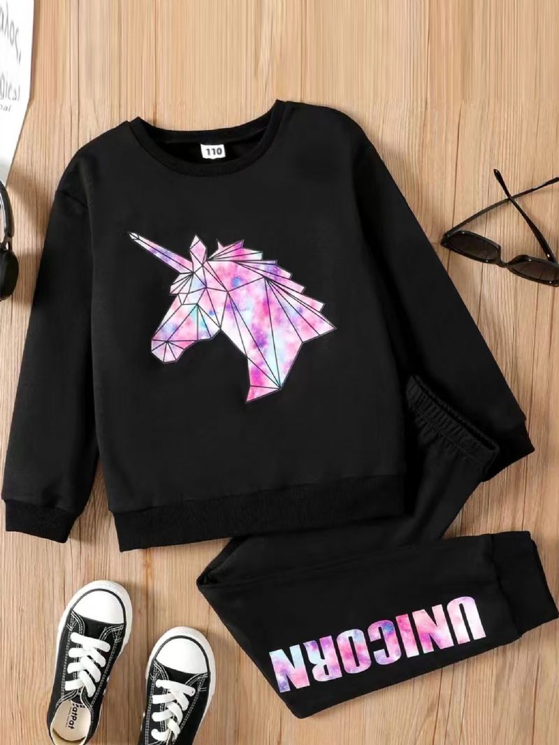 Höstvinter Flickor Casual Unicorn Sweatshirt Byxor 2st Set