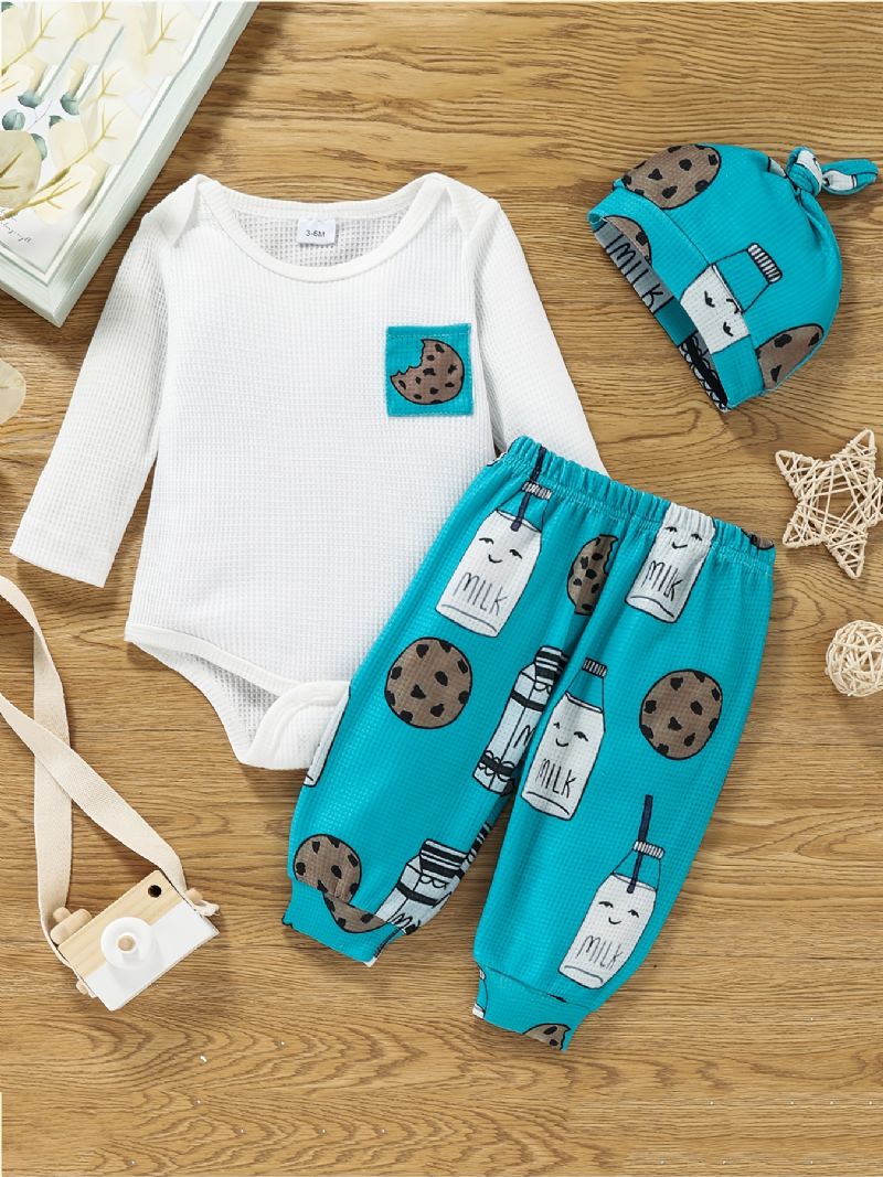 Långärmad Flicka Bodysuit + Cartoon Print Byxor + Hatt Set Bebiskläder