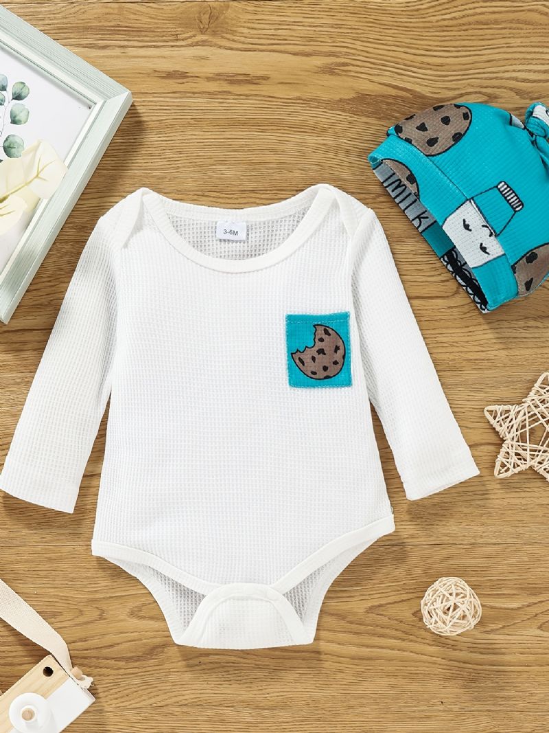 Långärmad Flicka Bodysuit + Cartoon Print Byxor + Hatt Set Bebiskläder