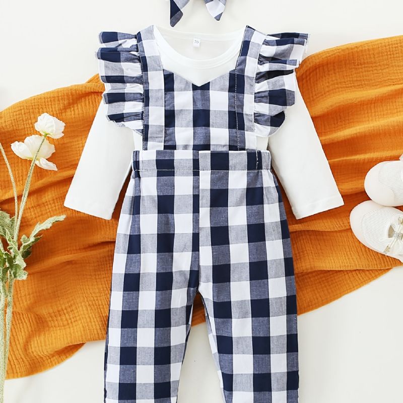 Långärmad Tröja För Flickor + Matchande Plädoverall + Pannbandset Bebiskläder Outfit Body Onesie