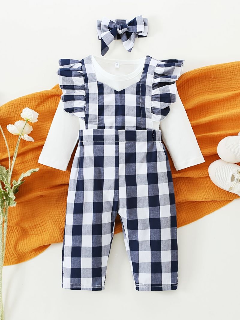 Långärmad Tröja För Flickor + Matchande Plädoverall + Pannbandset Bebiskläder Outfit Body Onesie