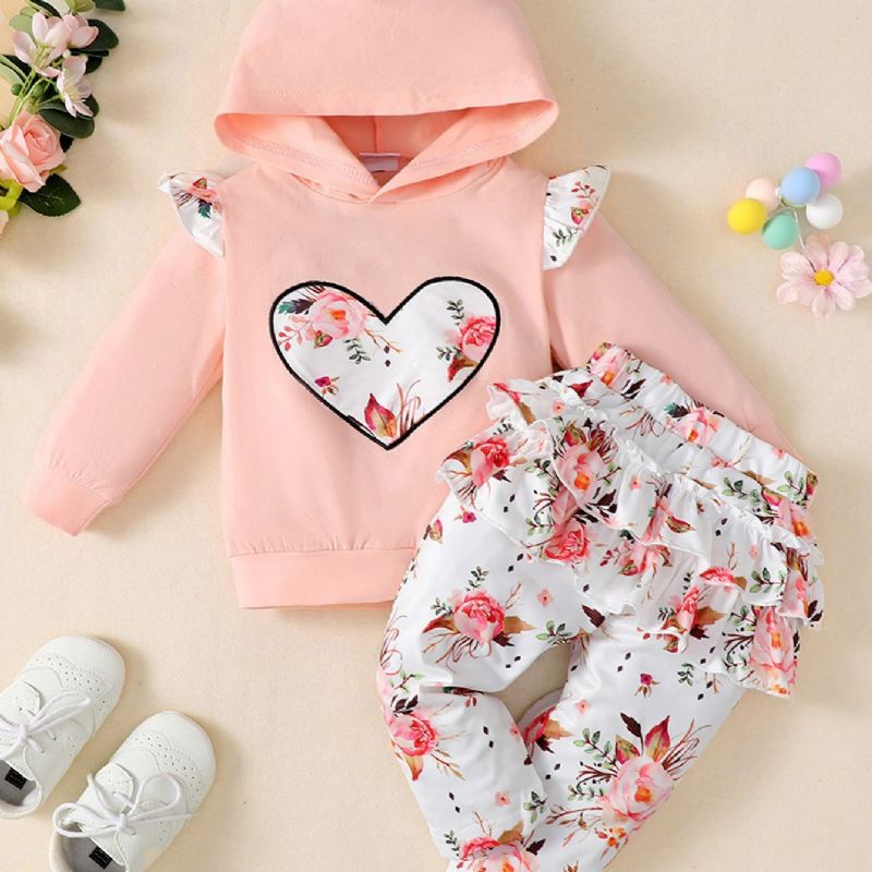 Liten Blommig Hjärta Hooded Långärmad Tvådelad Set Newborn Flickor Set