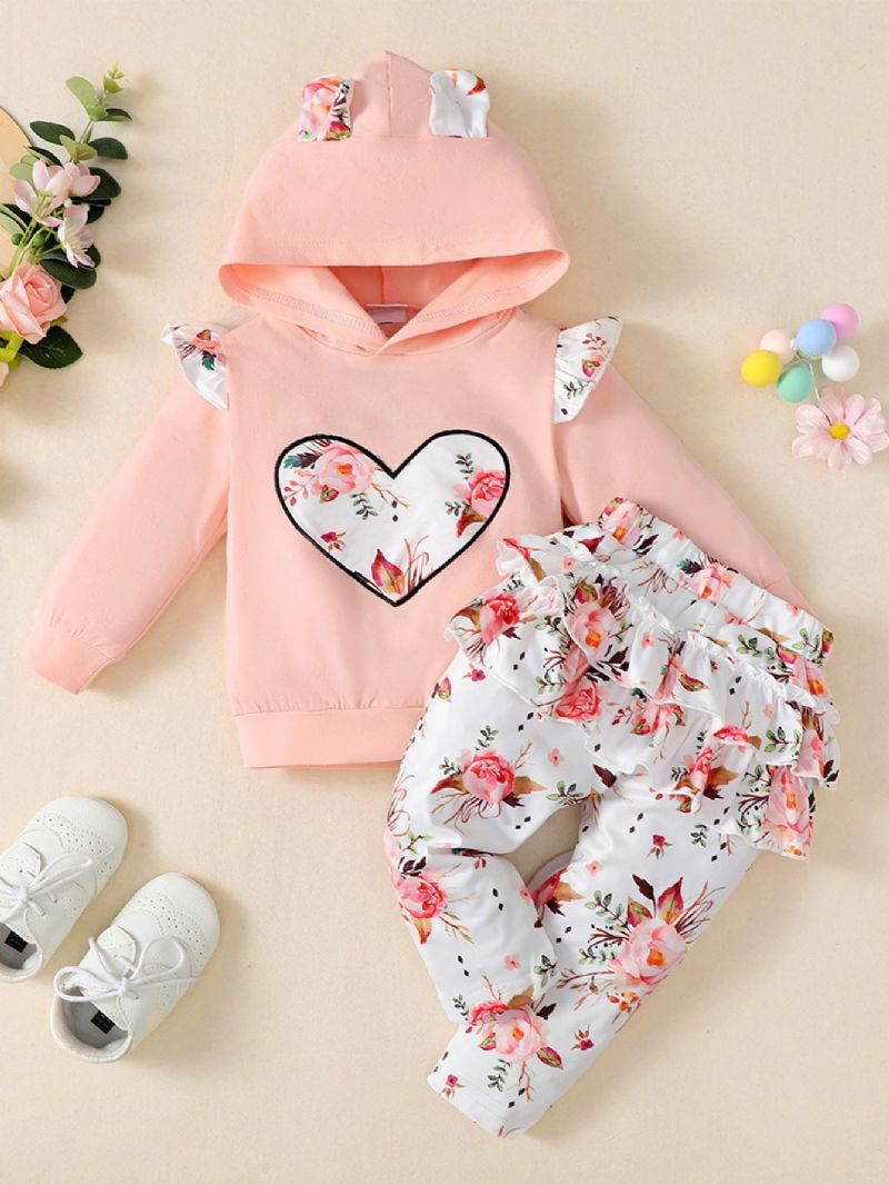 Liten Blommig Hjärta Hooded Långärmad Tvådelad Set Newborn Flickor Set