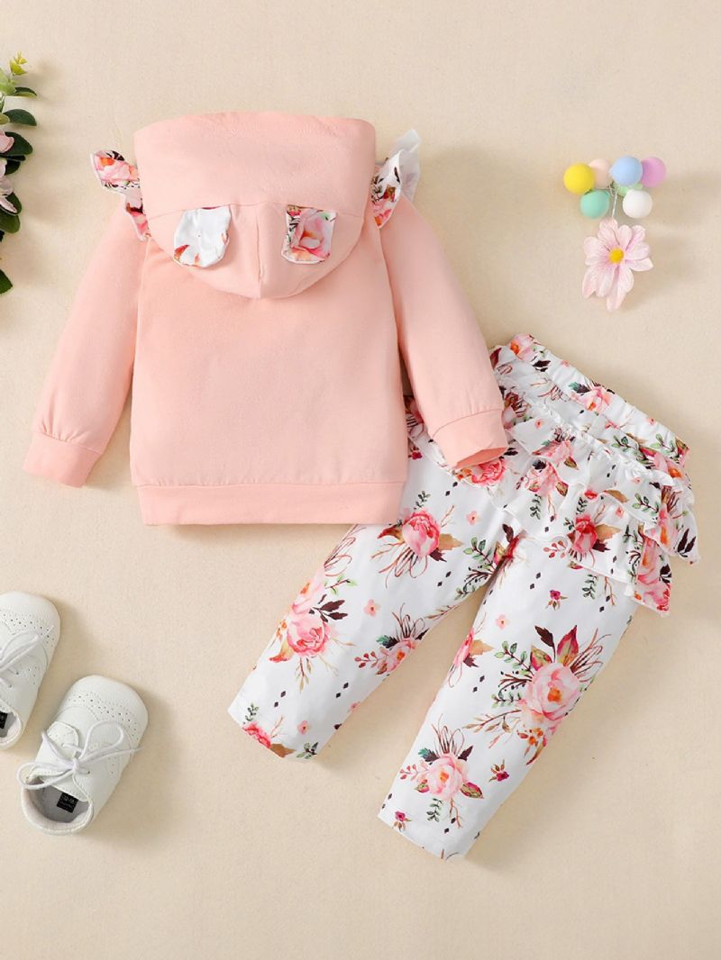 Liten Blommig Hjärta Hooded Långärmad Tvådelad Set Newborn Flickor Set