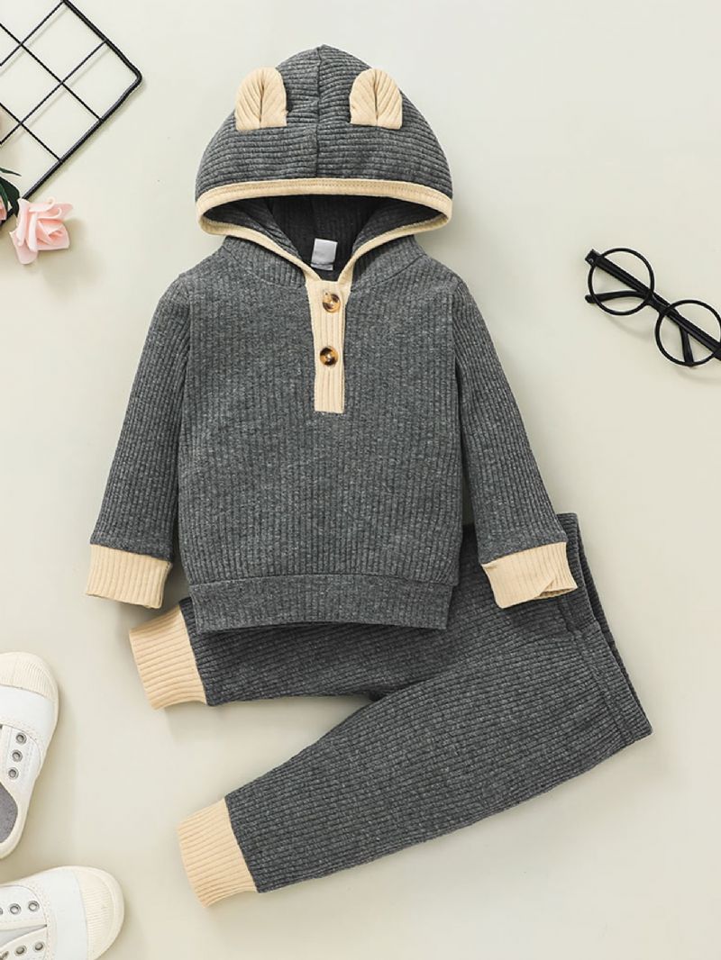 Nyfödd Solid Randig Bomull Hood Sweater & Byx Set