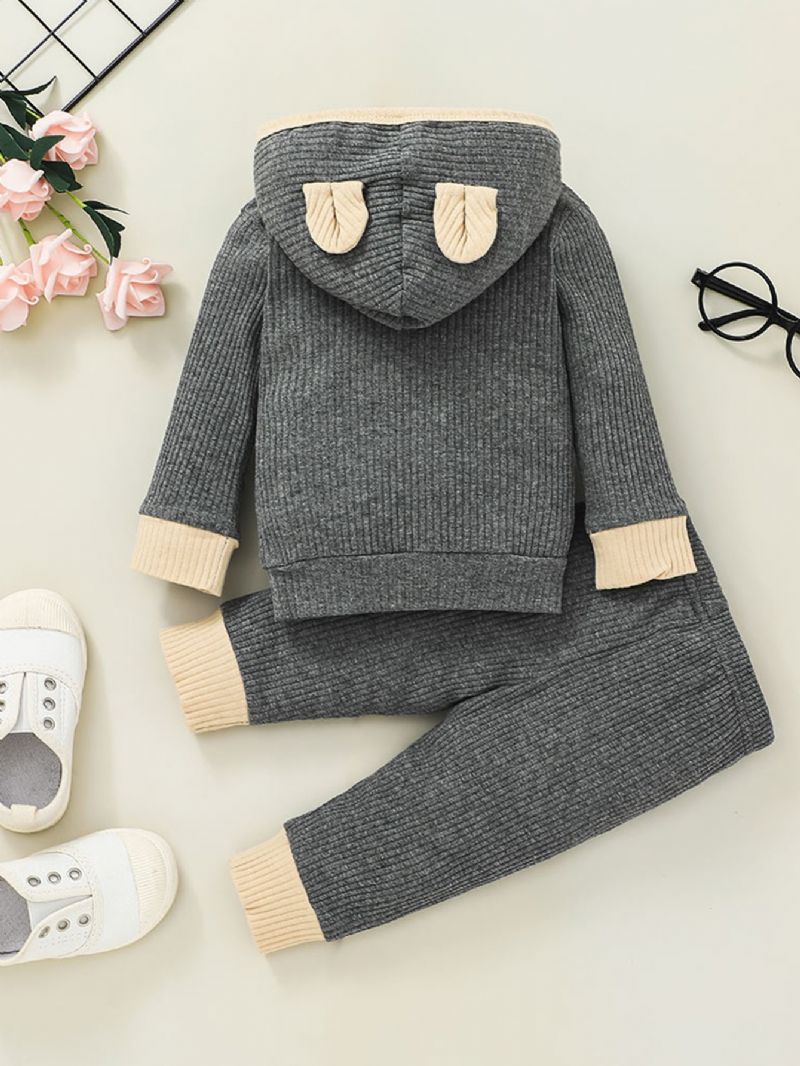 Nyfödd Solid Randig Bomull Hood Sweater & Byx Set