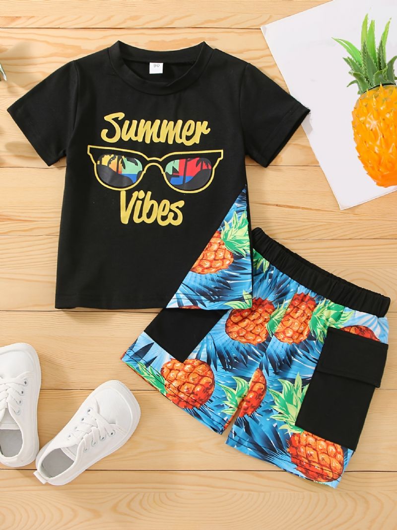 Pojkar Bokstavsglasögon Ananas Print Tee & Pocket Shorts Barn Kläder Set