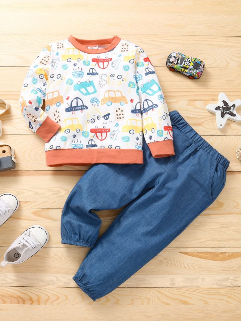 Pojkar Cartoon Car Print Långärmad Sweatshirt & Solid Denim Byxa Set 2st