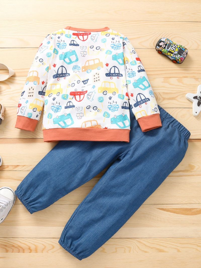 Pojkar Cartoon Car Print Långärmad Sweatshirt & Solid Denim Byxa Set 2st