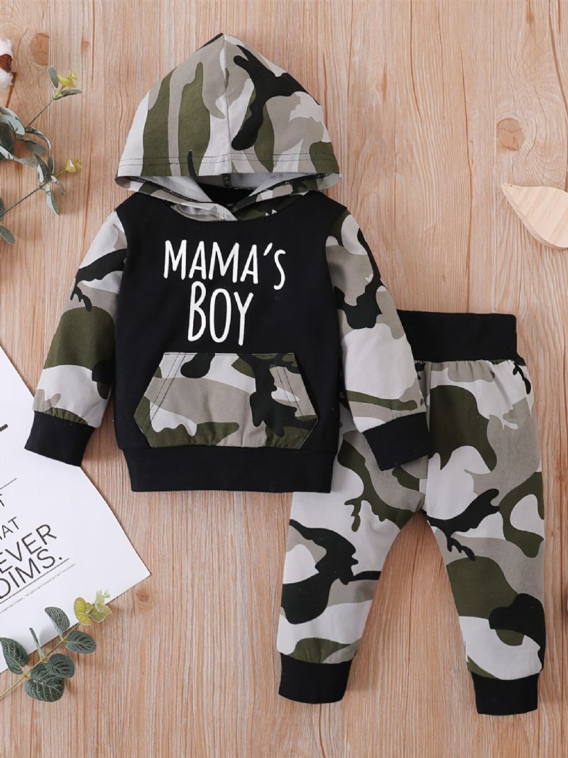 Pojkar Casual Camouflage Print Set Med Mama's Huvtröja Och Träningsbyxor För Vintern