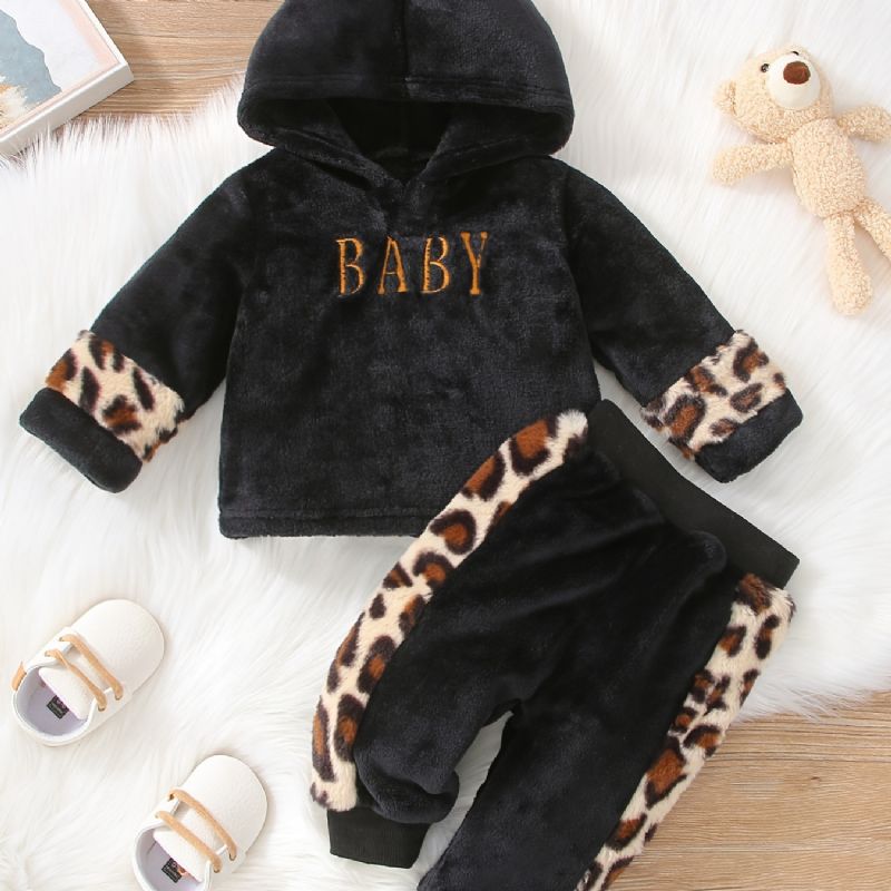 Pojkar Casual Fleece Thermal Leopard Print Hood Top & Byxor Set För Vinter