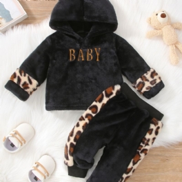 Pojkar Casual Fleece Thermal Leopard Print Hood Top & Byxor Set För Vinter