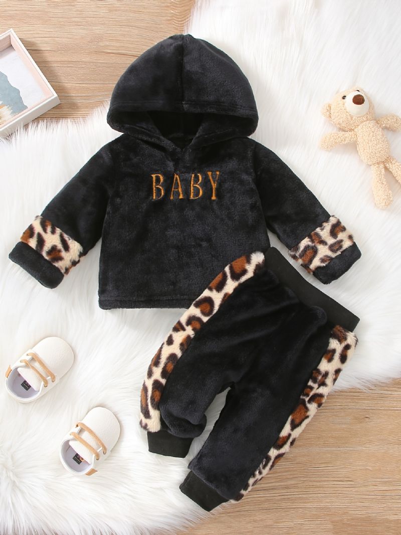 Pojkar Casual Fleece Thermal Leopard Print Hood Top & Byxor Set För Vinter