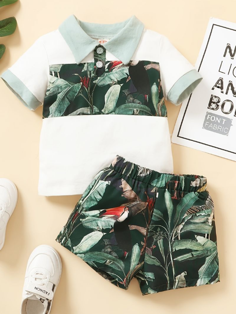 Pojkar Color Block Shirt + Tropical Print Shorts Set Bebiskläder För Sommaren