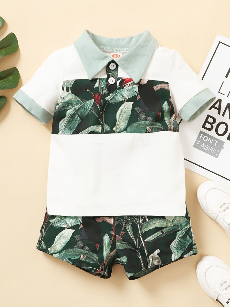 Pojkar Color Block Shirt + Tropical Print Shorts Set Bebiskläder För Sommaren