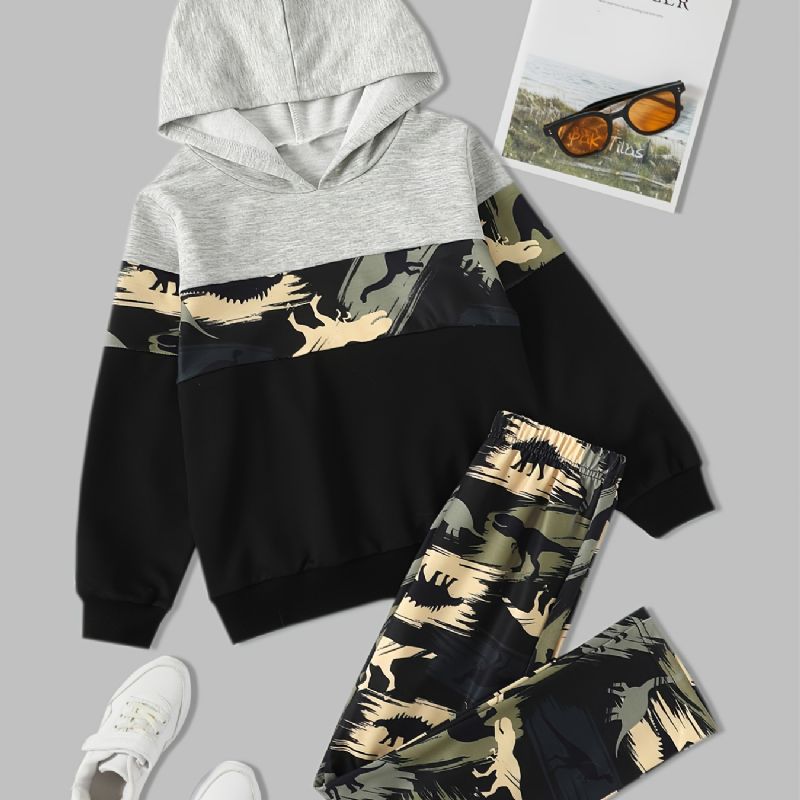 Pojkar Dinosaur Camouflage Print Långärmad Hooded Sweatshirt Byxor Set Höst Vinter