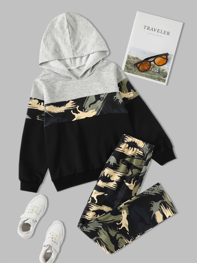 Pojkar Dinosaur Camouflage Print Långärmad Hooded Sweatshirt Byxor Set Höst Vinter