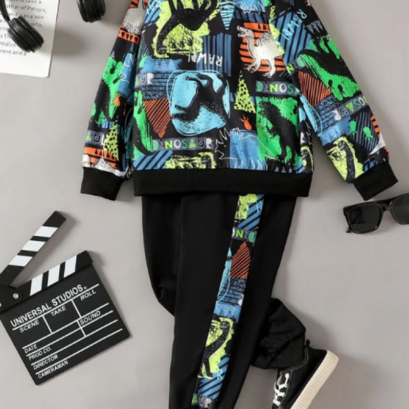 Pojkar Dinosaur Print Långärmad Sweatshirt & Kontrast Sweatpants Set