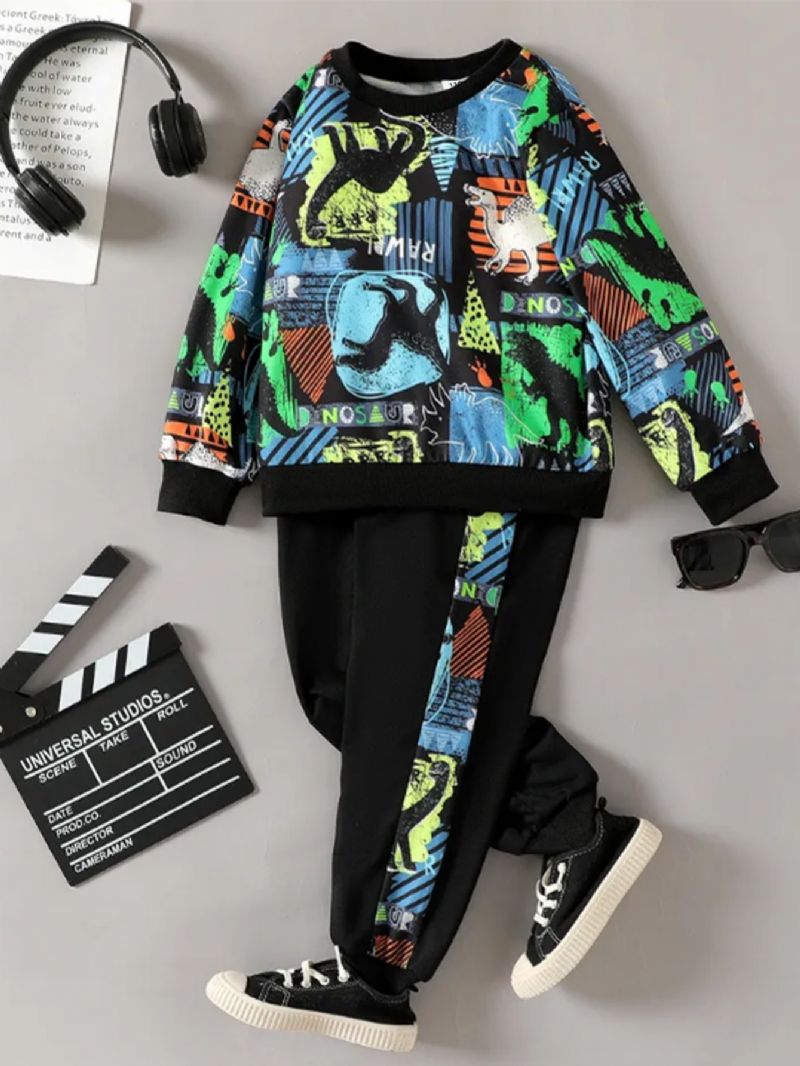 Pojkar Dinosaur Print Långärmad Sweatshirt & Kontrast Sweatpants Set