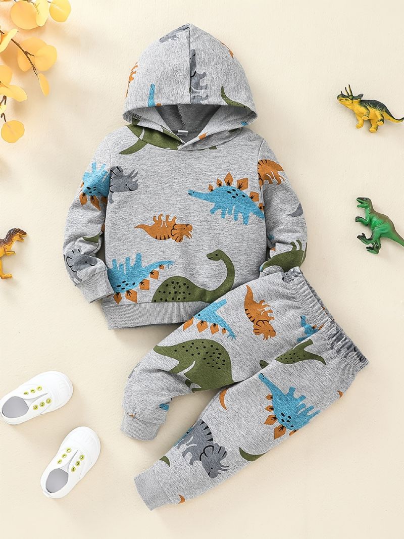 Pojkar Dinosaur Print Pullover Hoodie + Byxor Set Outfit Bebiskläder