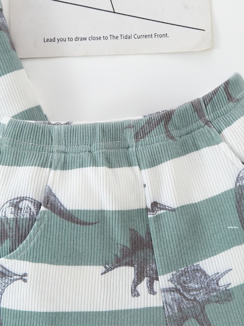 Pojkar Dinosaur Print Randigt Linne + Shorts Med Pocket Set Barnkläder För Sommaren