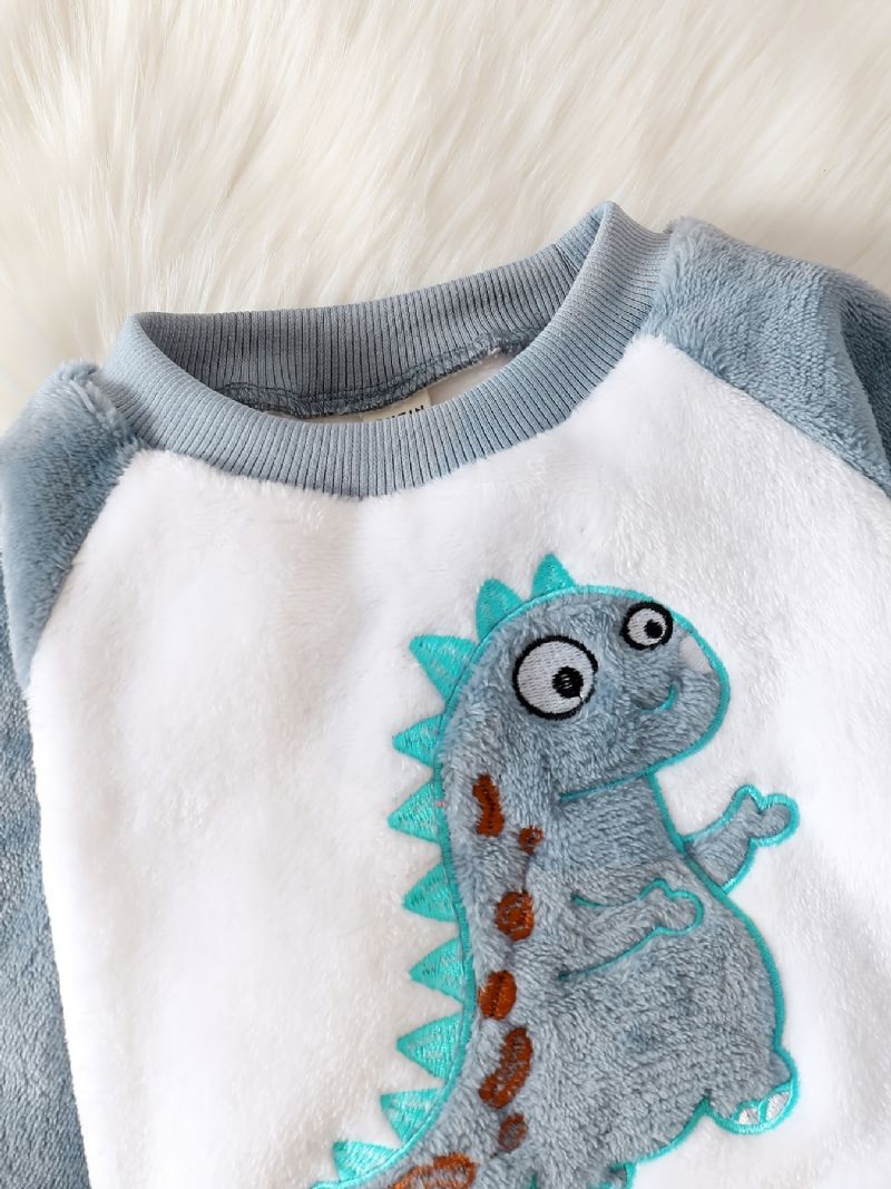 Pojkar Fleece Dinosaurie Broderad Långärmad Topp + Enfärgade Byxor Set Barnkläder För Vintern