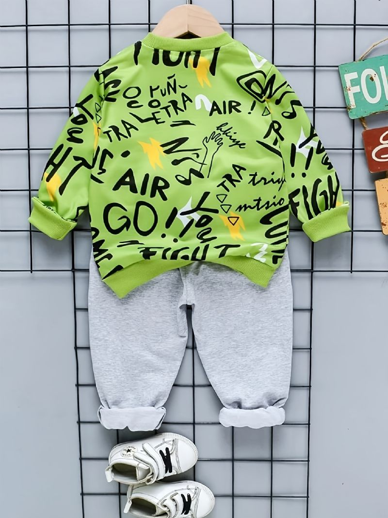 Pojkar Graffiti Print Pullover Sweatshirt & Color Block Byxor Set Barnkläder