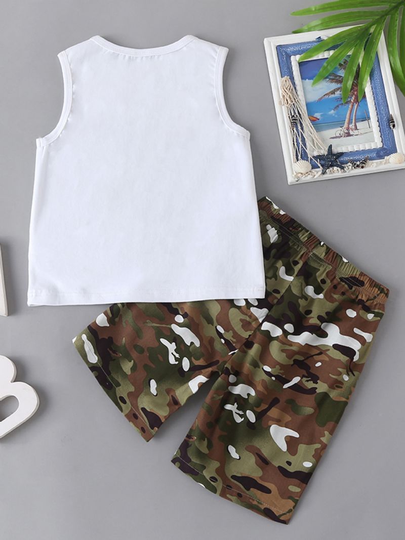 Pojkar Letter Print Linne + Camo Short Set Barnkläder För Sommaren