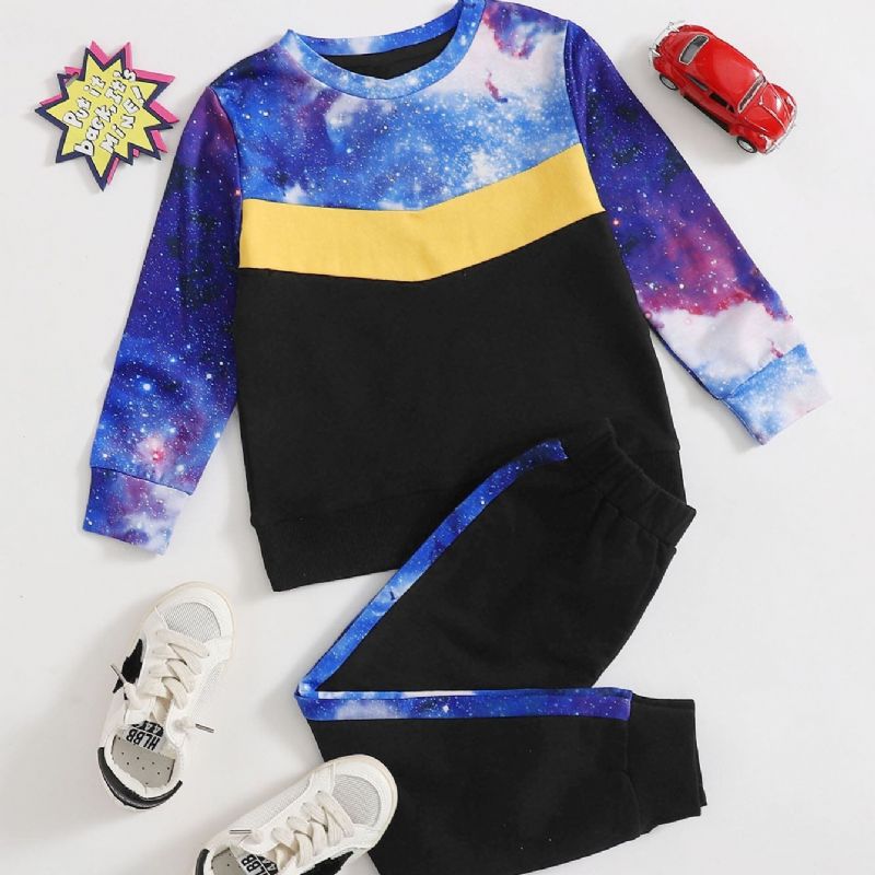 Pojkar Print Stitching Starry Sky Långärmad Crew Neck Shirt Block Casual Byxa Set