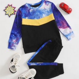 Pojkar Print Stitching Starry Sky Långärmad Crew Neck Shirt Block Casual Byxa Set