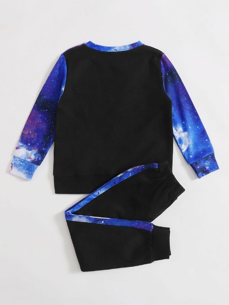 Pojkar Print Stitching Starry Sky Långärmad Crew Neck Shirt Block Casual Byxa Set