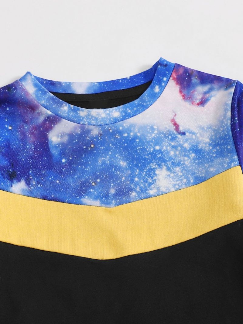 Pojkar Print Stitching Starry Sky Långärmad Crew Neck Shirt Block Casual Byxa Set