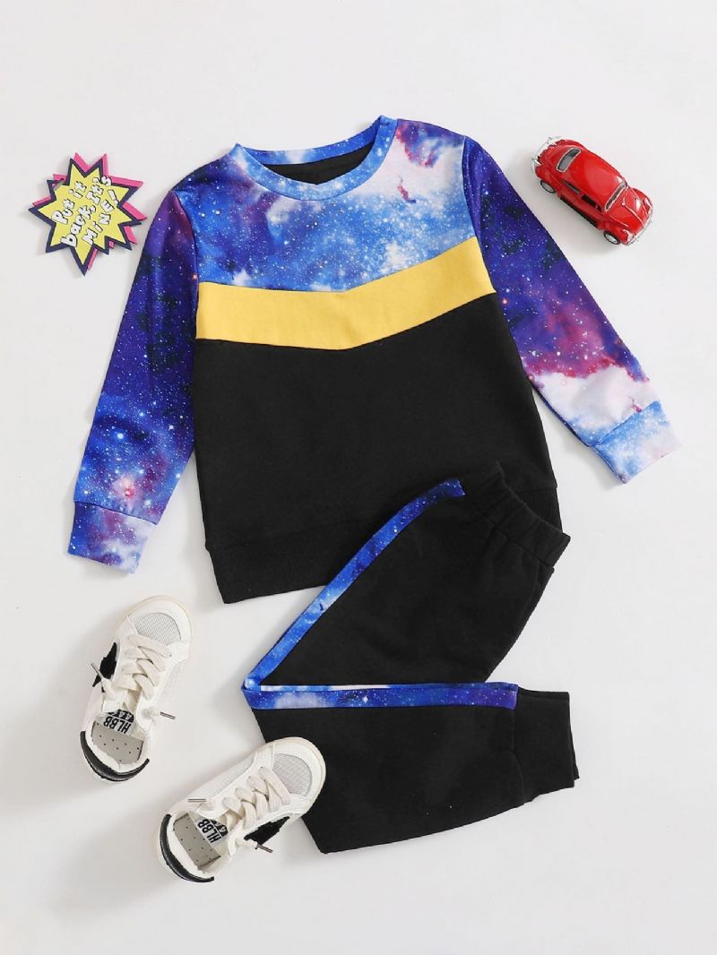 Pojkar Print Stitching Starry Sky Långärmad Crew Neck Shirt Block Casual Byxa Set