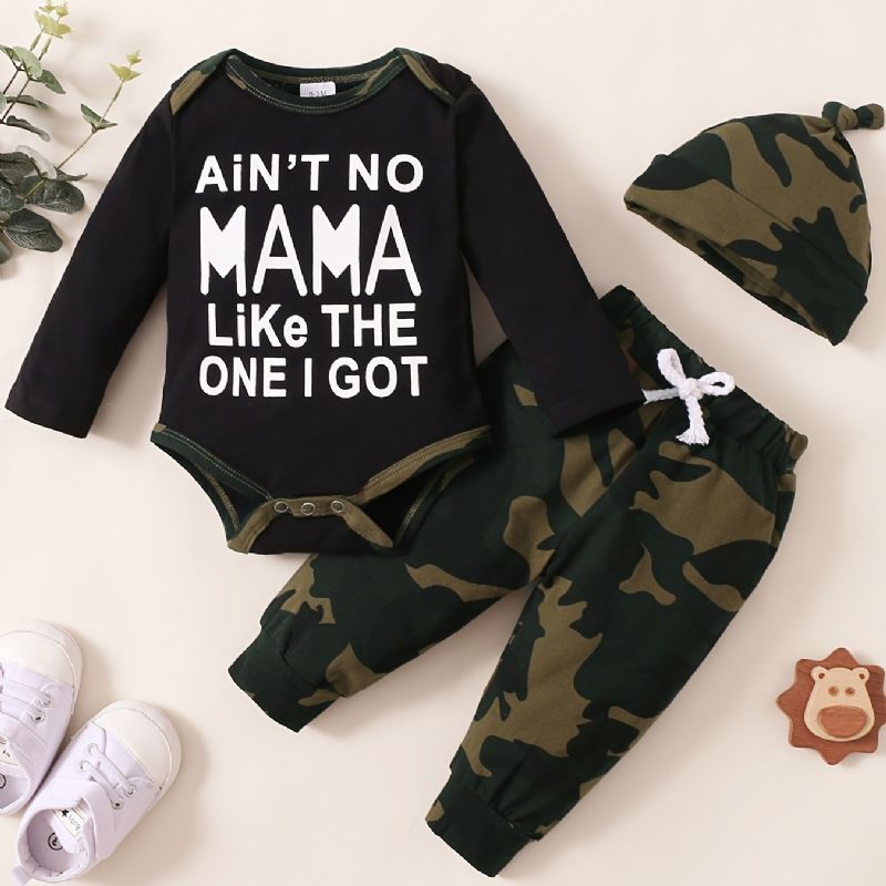 Pojkar Slogantryck Långärmad Romper Jumpsuit + Camo Byxor + Hatset Bebiskläder