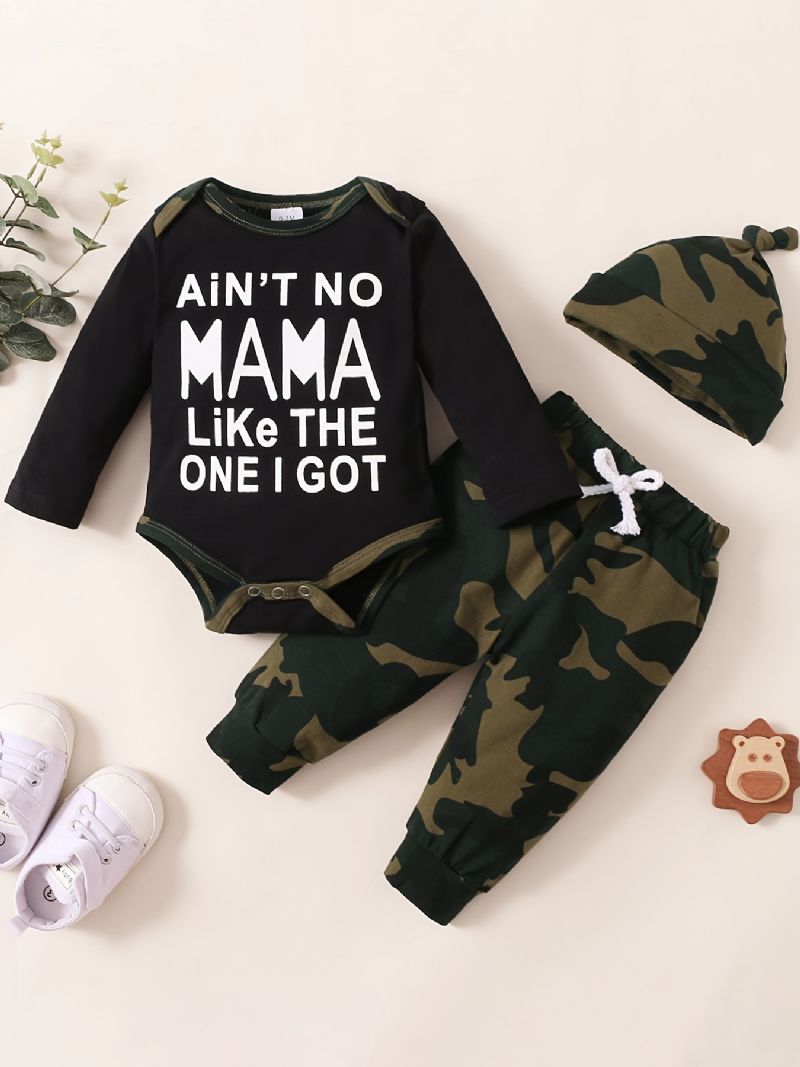 Pojkar Slogantryck Långärmad Romper Jumpsuit + Camo Byxor + Hatset Bebiskläder