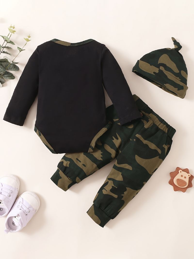 Pojkar Slogantryck Långärmad Romper Jumpsuit + Camo Byxor + Hatset Bebiskläder